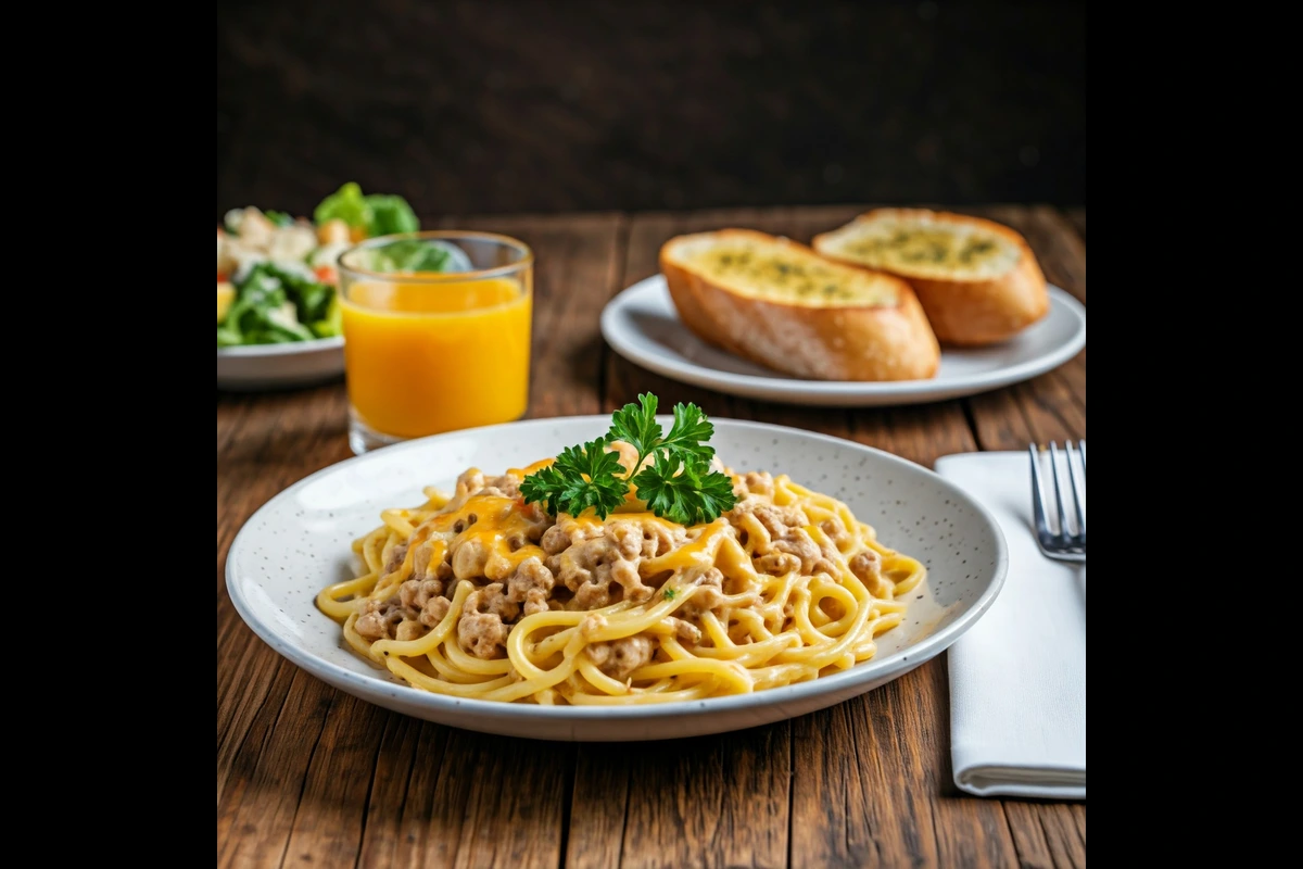 A plated serving of cheesy ground chicken pasta with garlic bread and Caesar salad