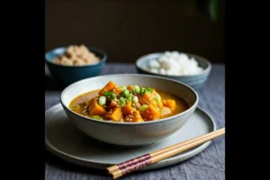 Vegan Chinese kabocha squash soup with scallions and sesame seeds