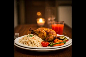 Galena chicken served with herbed rice and grilled vegetables