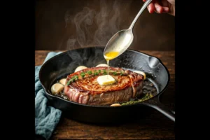 Beef chuck eye steak sizzling in a cast-iron skillet with butter