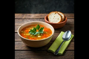 A steaming bowl of vegetable soup served with bread on a wooden table.