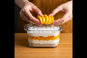 Layered nata fruit pudding in progress with fruits and nata de coco