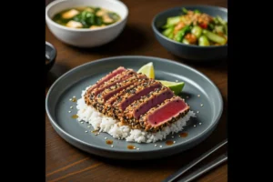 Sliced seared ahi tuna on jasmine rice with sesame seeds and lime wedges