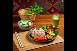 Brown rice with vegetables paired with cucumber salad and iced green tea.