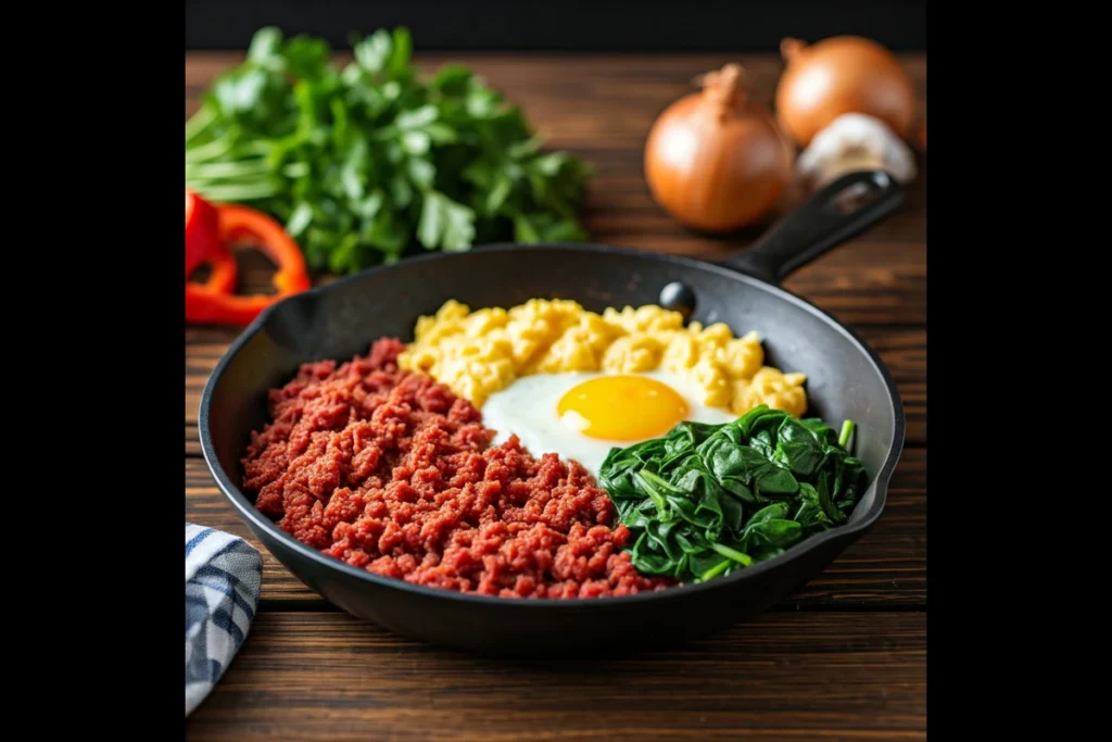 Breakfast skillet with crispy corned beef, eggs, and spinach