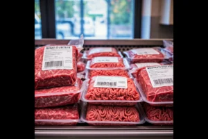 Vacuum-sealed packages of Broad St Butcher ground beef