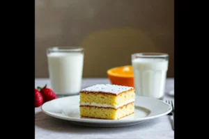 Kefir sheet cake served with a kefir smoothie and fresh fruits