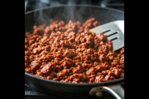 Skillet of crumbled beef chorizo cooking on the stove.