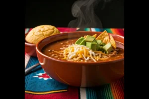 Bowl of chilled taco soup with tortilla chips and cornbread