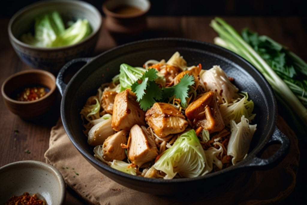 Freshly cooked Hmong cabbage and chicken in a wok