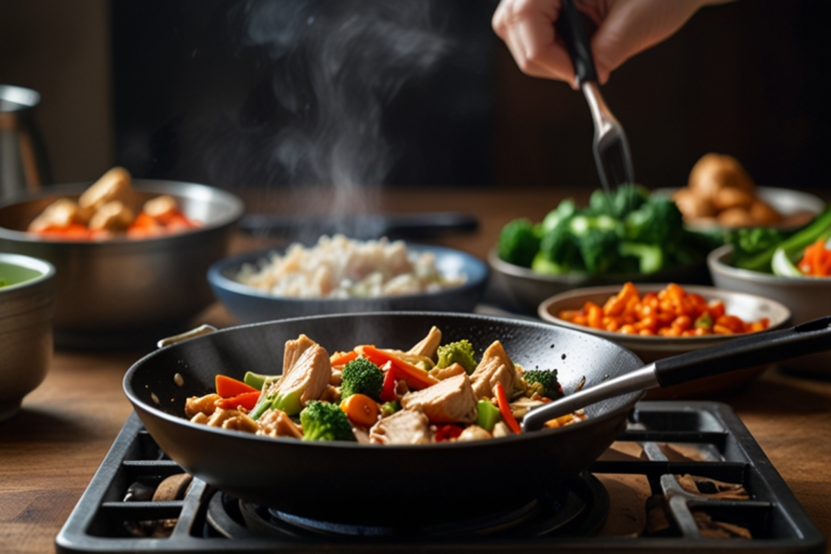 Chicken being stir-fried in peanut butter sauce in a wok