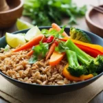 Bowl of brown rice with vibrant vegetables served in a Southeast Asian style