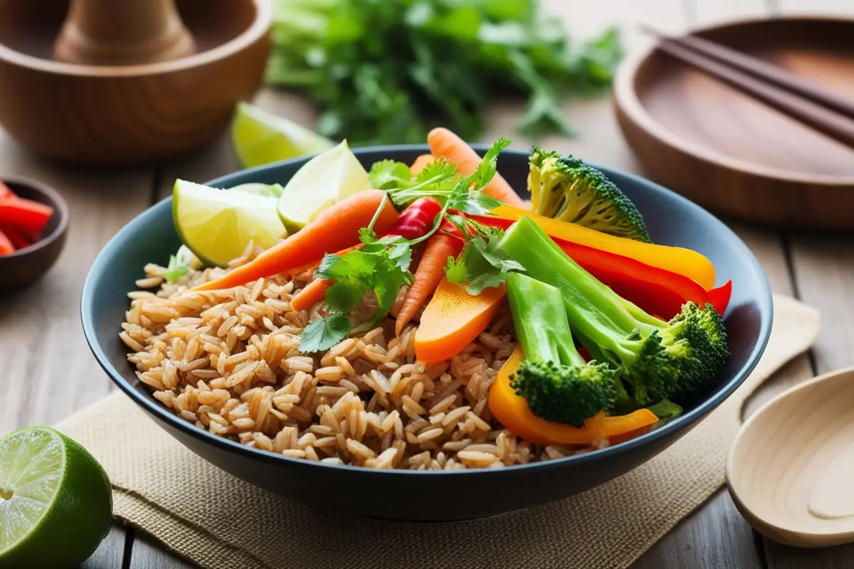 Bowl of brown rice with vibrant vegetables served in a Southeast Asian style