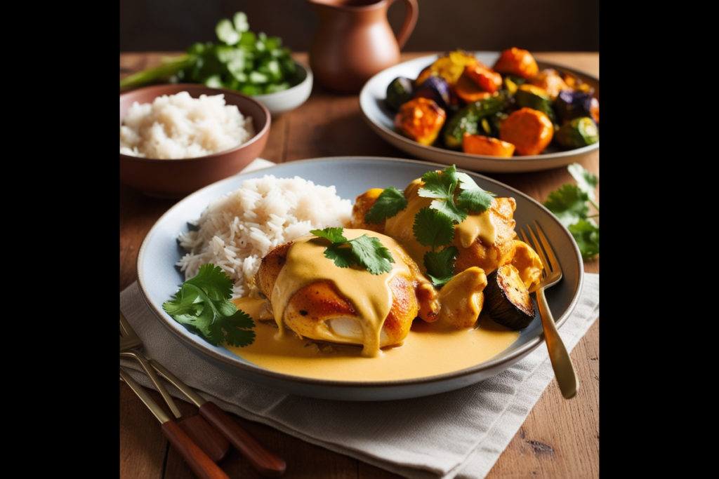 Churu Chicken Amarillo plated with rice and vegetables