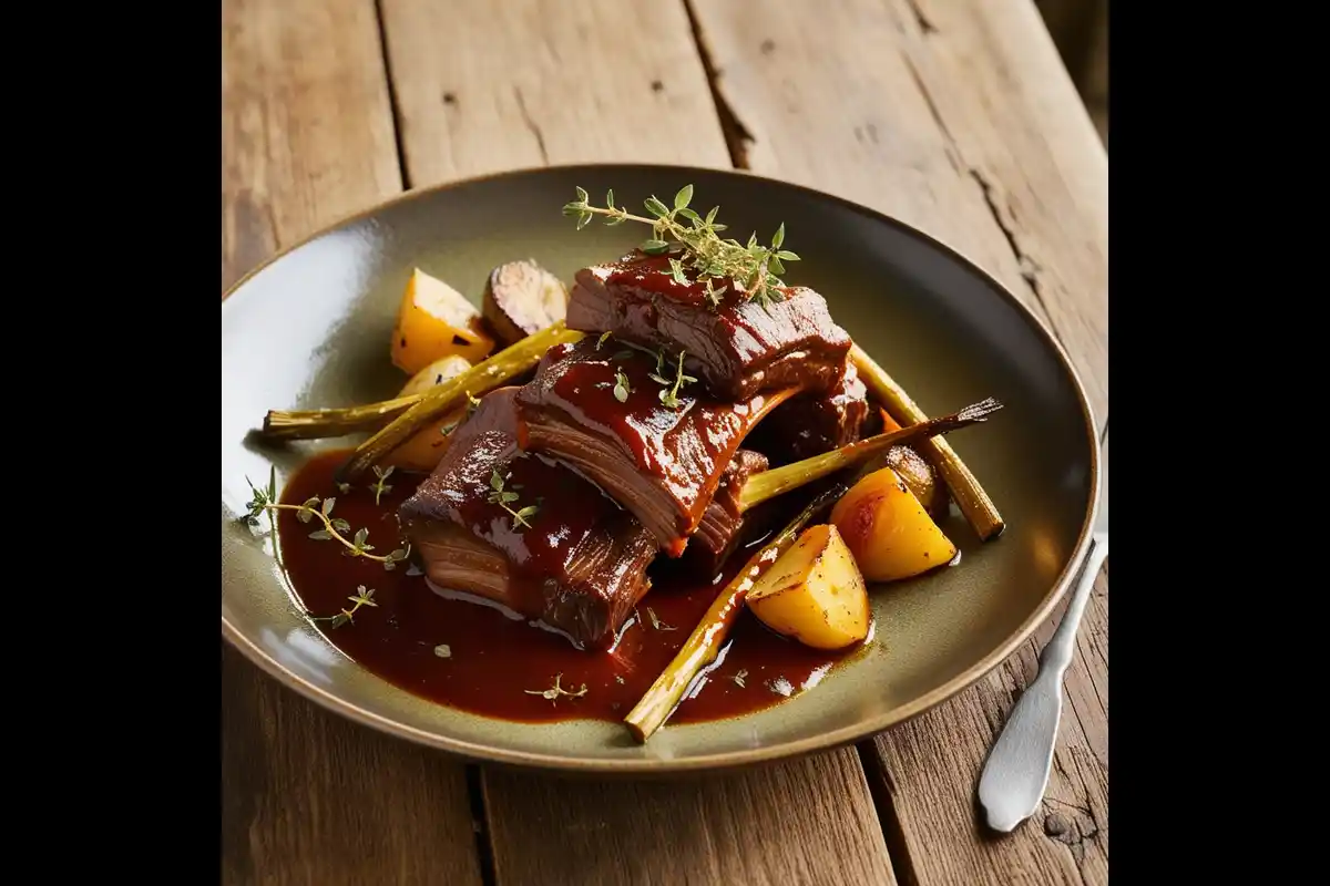 Slow-cooked beef short ribs with oxtail seasoning served on a rustic plate