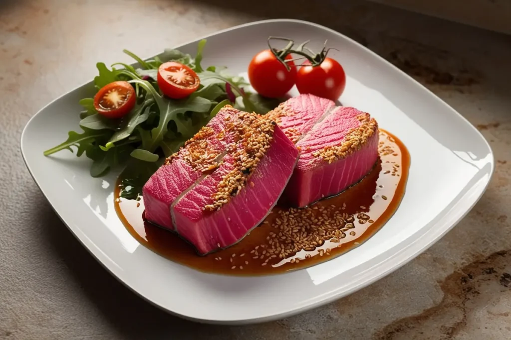 Seared ahi tuna with sesame crust on a white plate with salad
