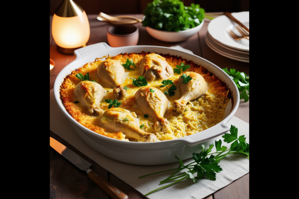 Golden baked Forgotten Chicken casserole on a rustic dinner table