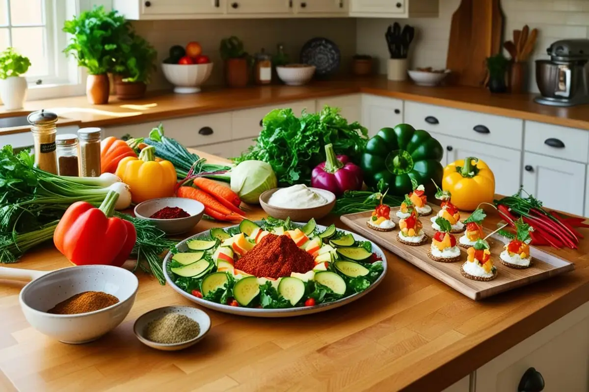 A beautifully styled countertop featuring fresh ingredients and appetizers