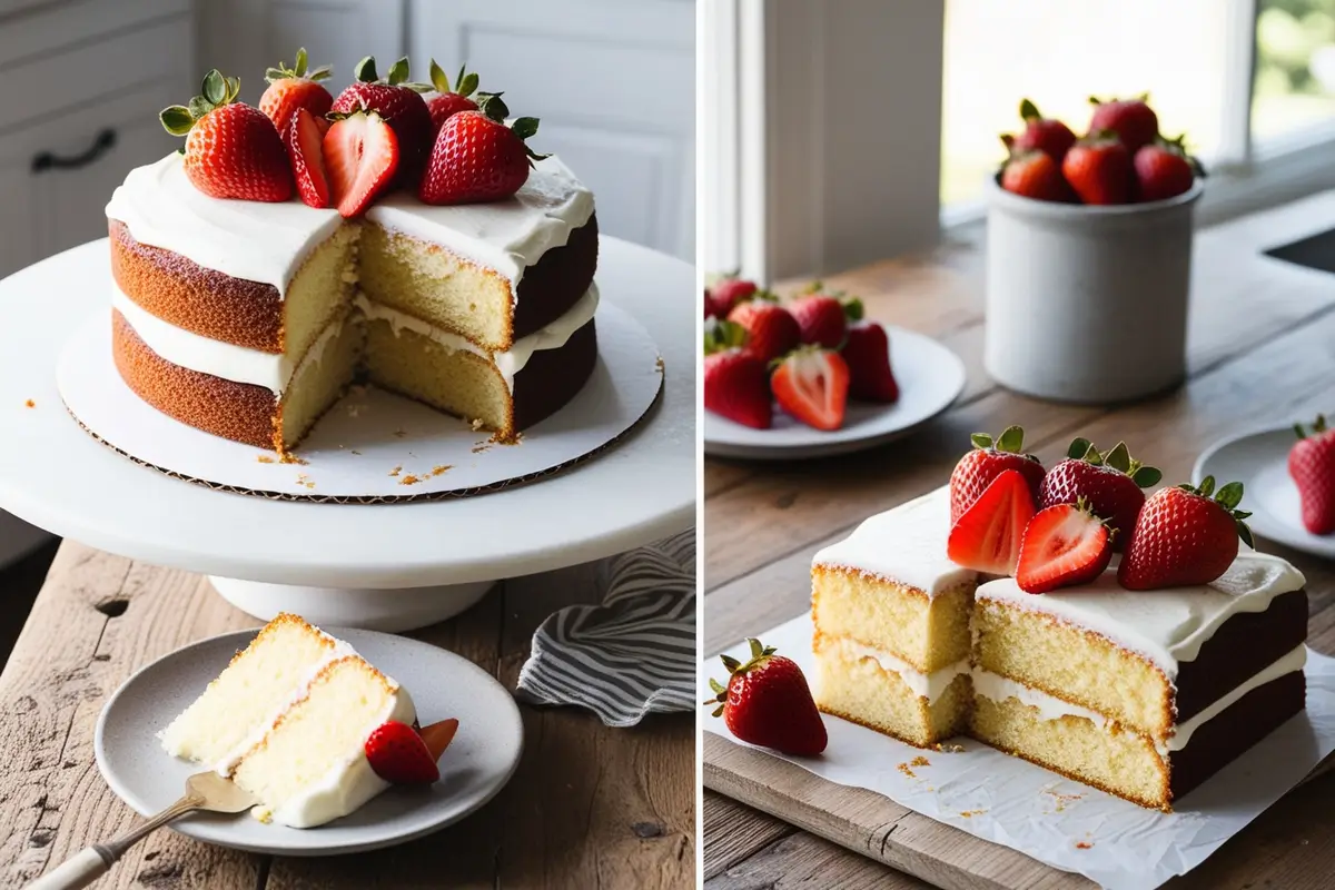 Moist kefir sheet cake with a slice cut out on a rustic table