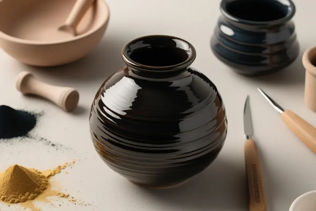 A step-by-step demonstration of applying black stain to a ceramic piece, showing hands holding a brush over the bisque-fired pottery, detailed studio photography, high resolution, natural lighting.