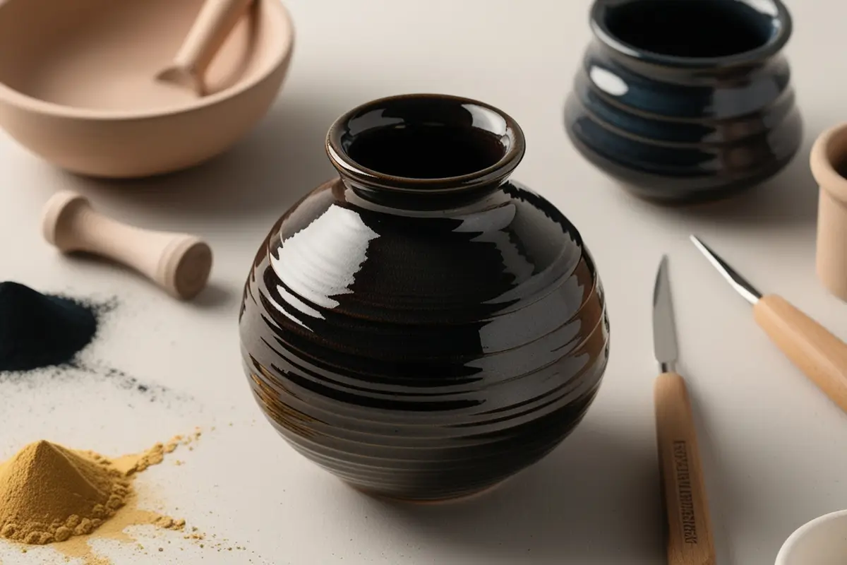 A step-by-step demonstration of applying black stain to a ceramic piece, showing hands holding a brush over the bisque-fired pottery, detailed studio photography, high resolution, natural lighting.