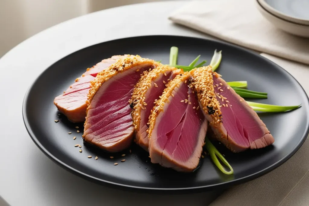 Perfectly seared ahi tuna slices with sesame crust