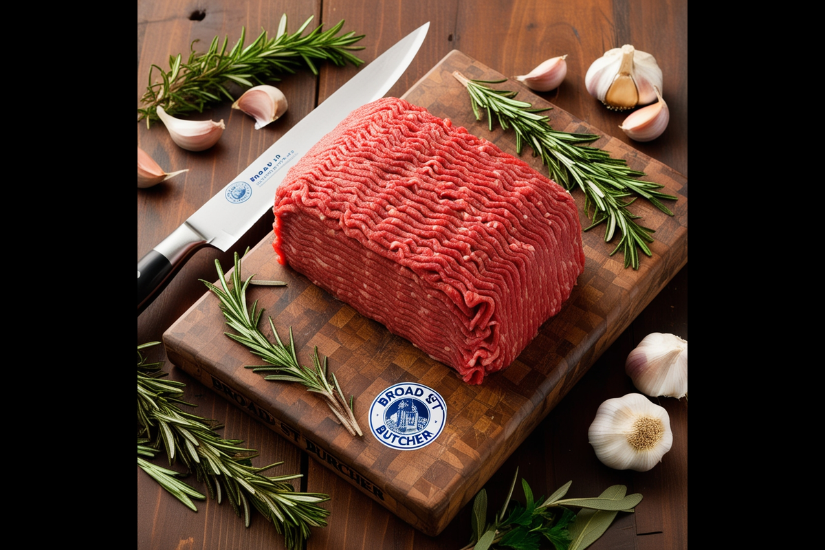 Fresh Broad St Butcher ground beef on a wooden block surrounded by herbs