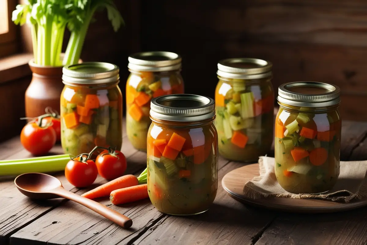 Mason jars of homemade vegetable soup with fresh vegetables on a rustic table.