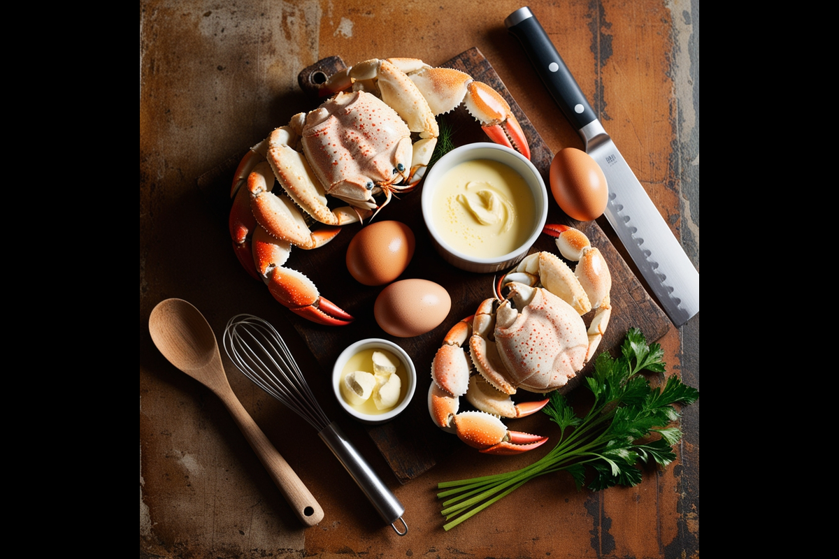 Fresh crab and ingredients for making crab brûlée.