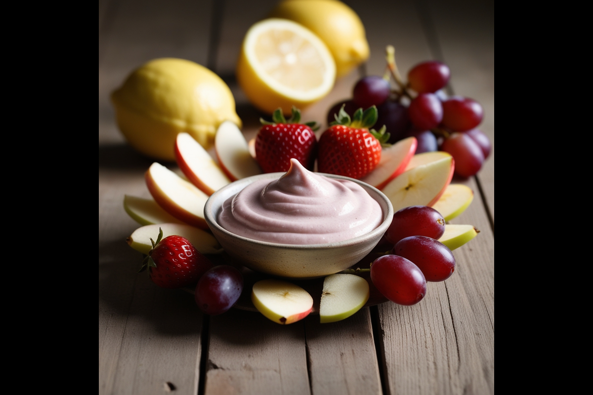 Raspberry lemon fruit dip in a bowl surrounded by fresh fruits