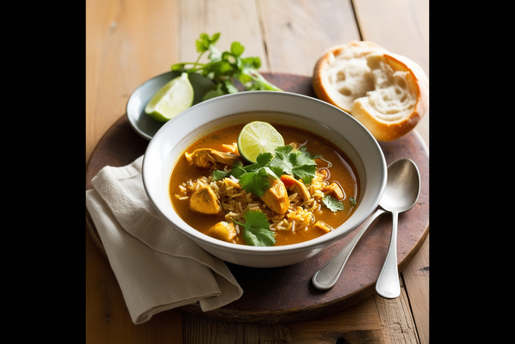 Steaming bowl of spicy chicken soup with rice and garnishes