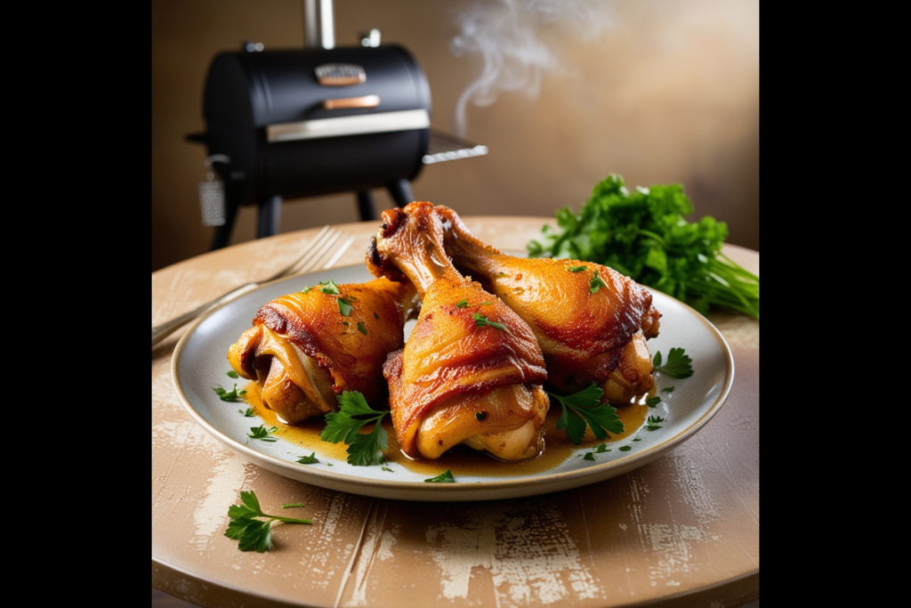 Smoked chicken legs and thighs served with crispy skin on a rustic plate