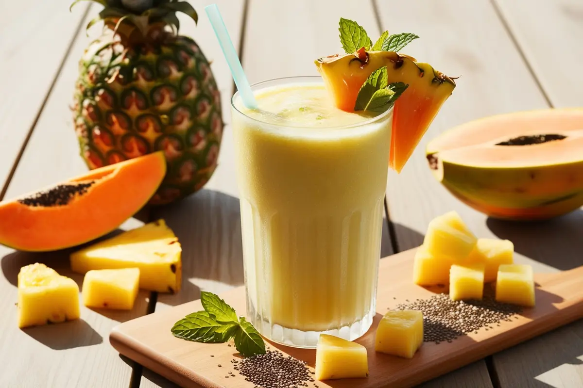 Tropical Papaya and Pineapple Smoothie in a Frosty Glass