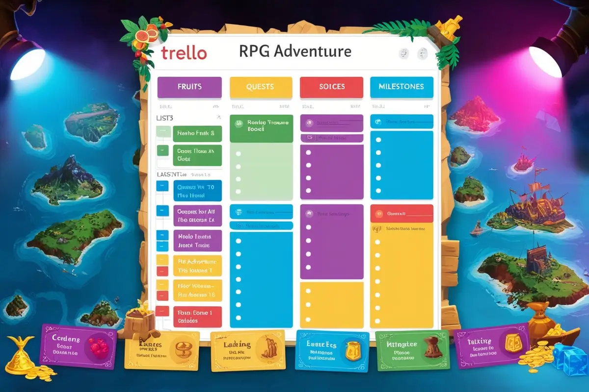 Trello board customized for Fruit Seas Adventures with colorful lists and cards