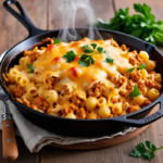Close-up of one-skillet cheesy ground chicken pasta with melted cheese and parsley