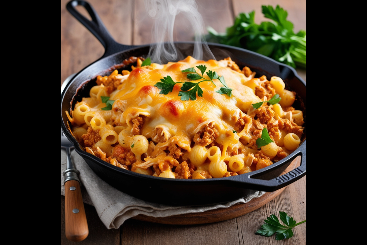 Close-up of one-skillet cheesy ground chicken pasta with melted cheese and parsley