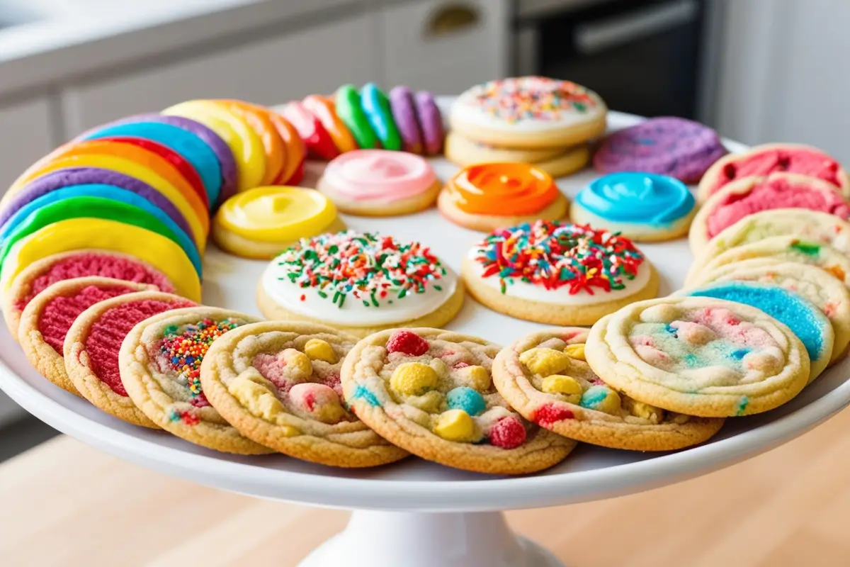 A variety of colorful cookies, including rainbow and confetti cookies, on a white plate