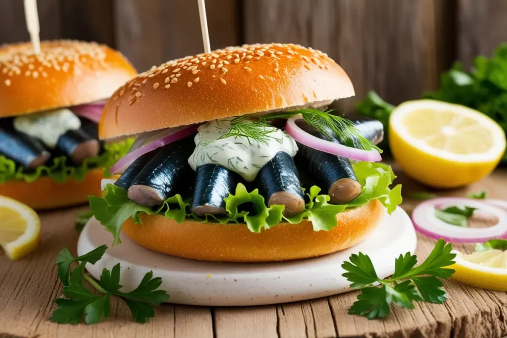 Freshly prepared Matjesbrötchen sandwich with traditional toppings