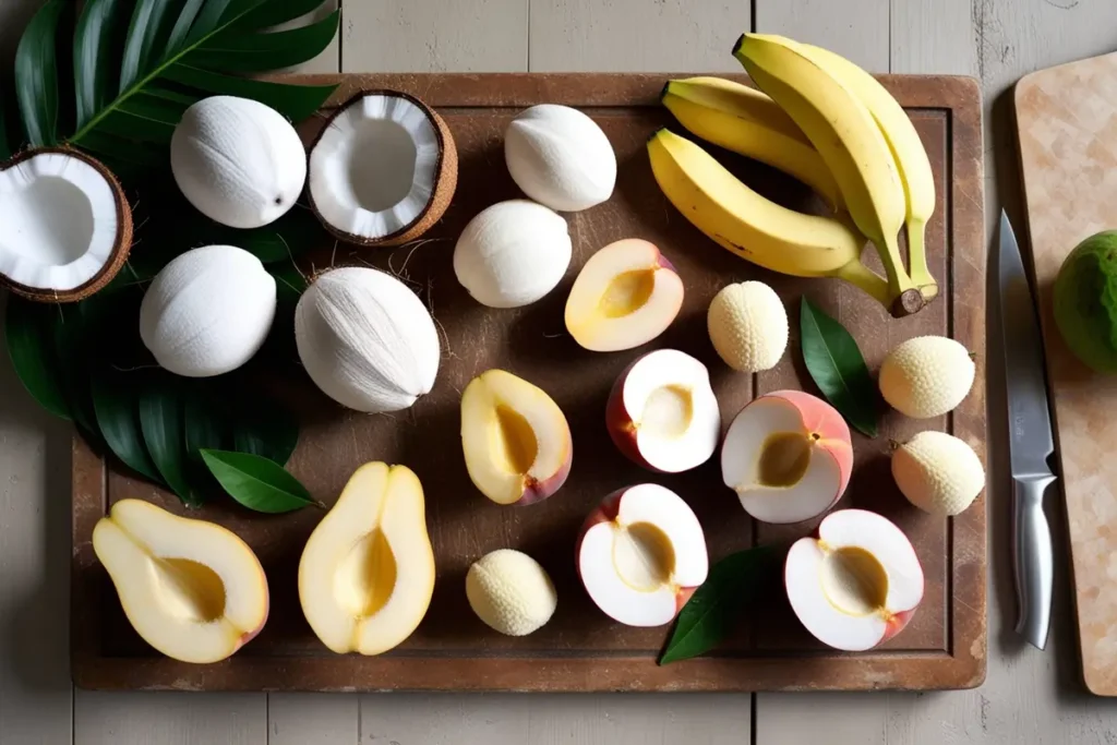 Assorted white fruits like coconuts, bananas, and lychees on a rustic table