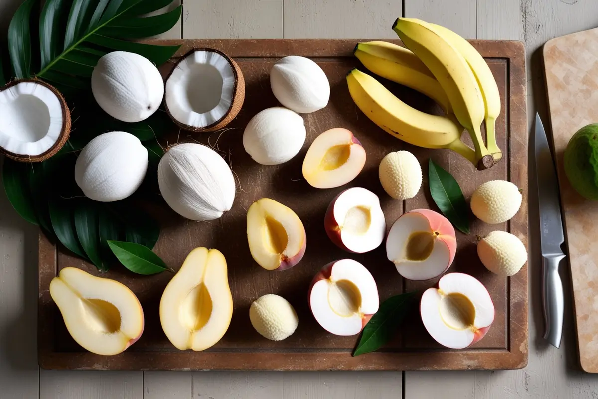 Assorted white fruits like coconuts, bananas, and lychees on a rustic table