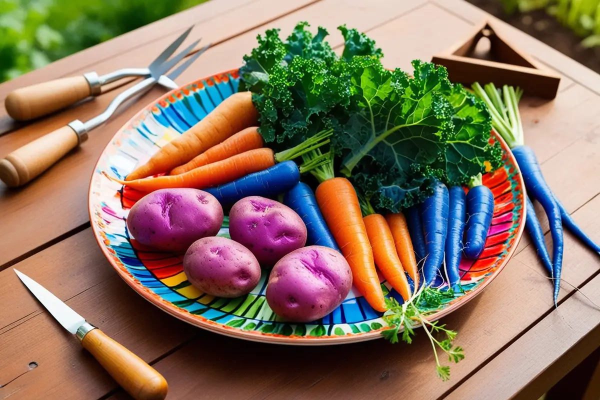 A colorful plate of purple potatoes, blue kale, and blue carrots.