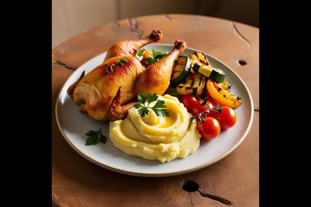 Golden brown Galena chicken garnished with parsley on a plate