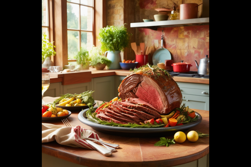 A rustic kitchen with a roast beef platter surrounded by fresh vegetables and herbs.