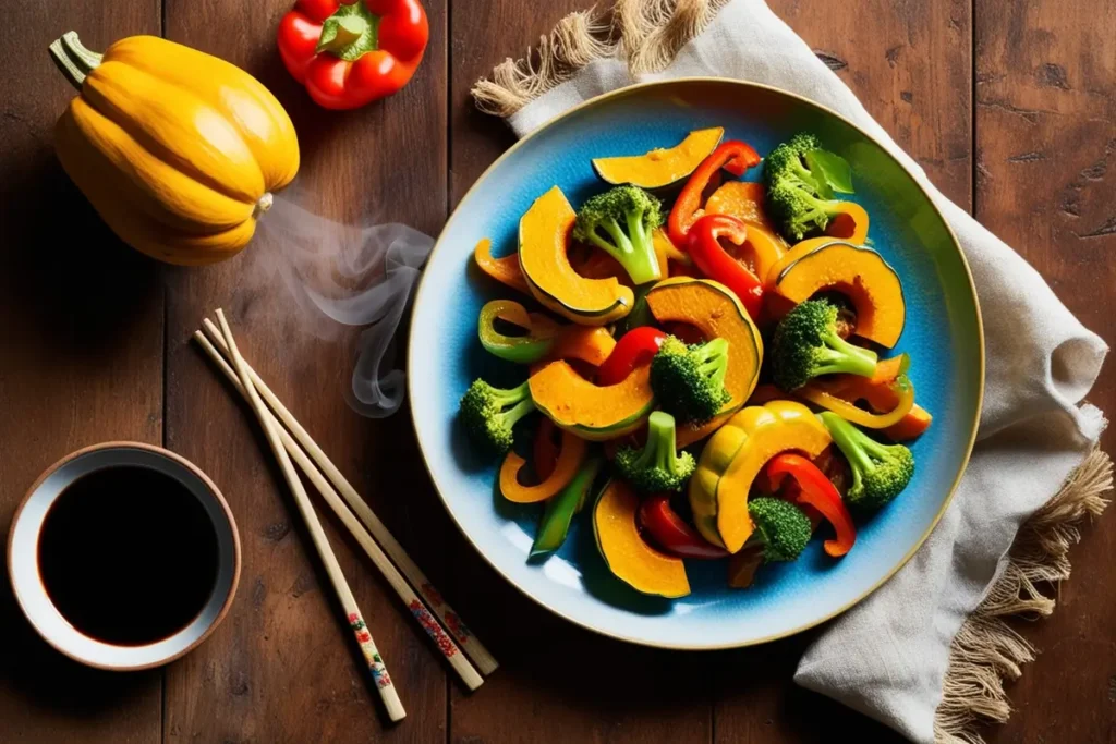 Vegan Chinese stir-fry with kabocha squash and vegetable