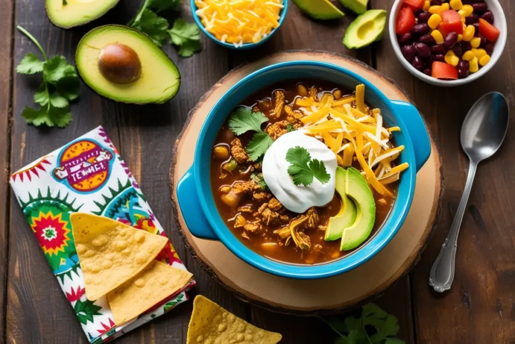 Chilled taco soup with vibrant garnishes on a rustic table