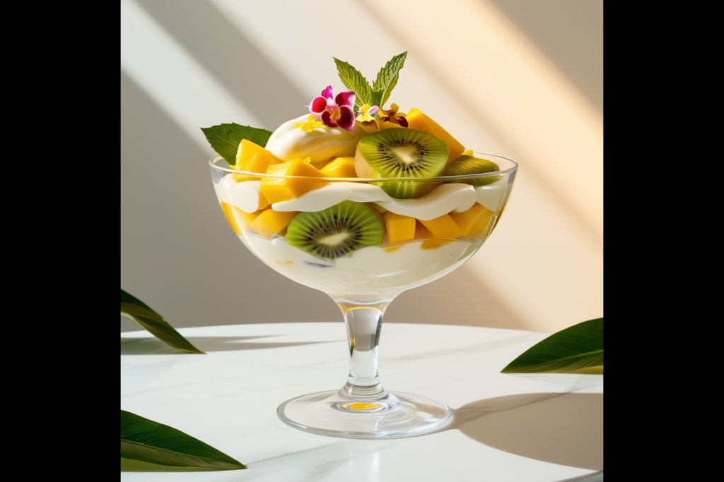 Tropical Nata Fruit Pudding in a glass bowl with fresh fruits