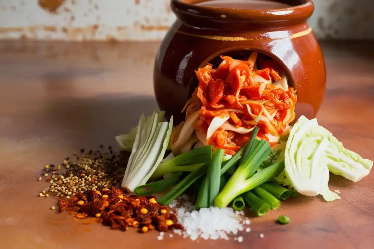 Jar of homemade kimchi with vibrant chili paste and spices