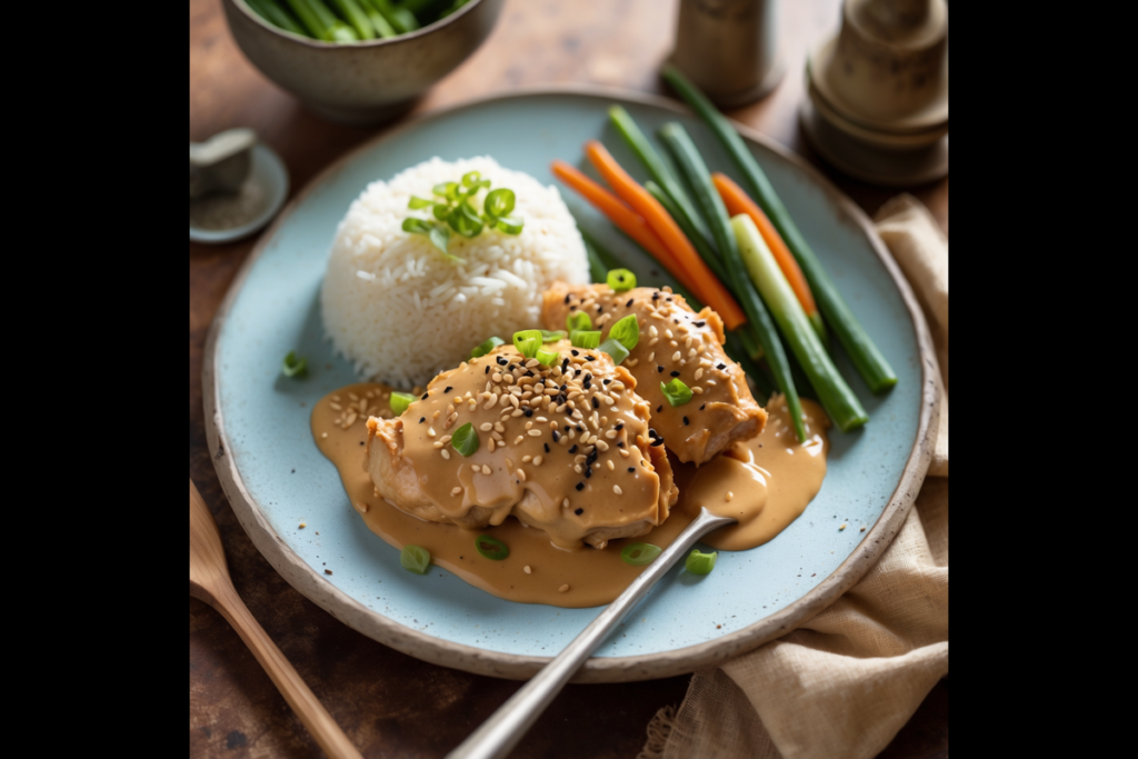 Plate of chicken with peanut butter sauce, rice, and vegetables