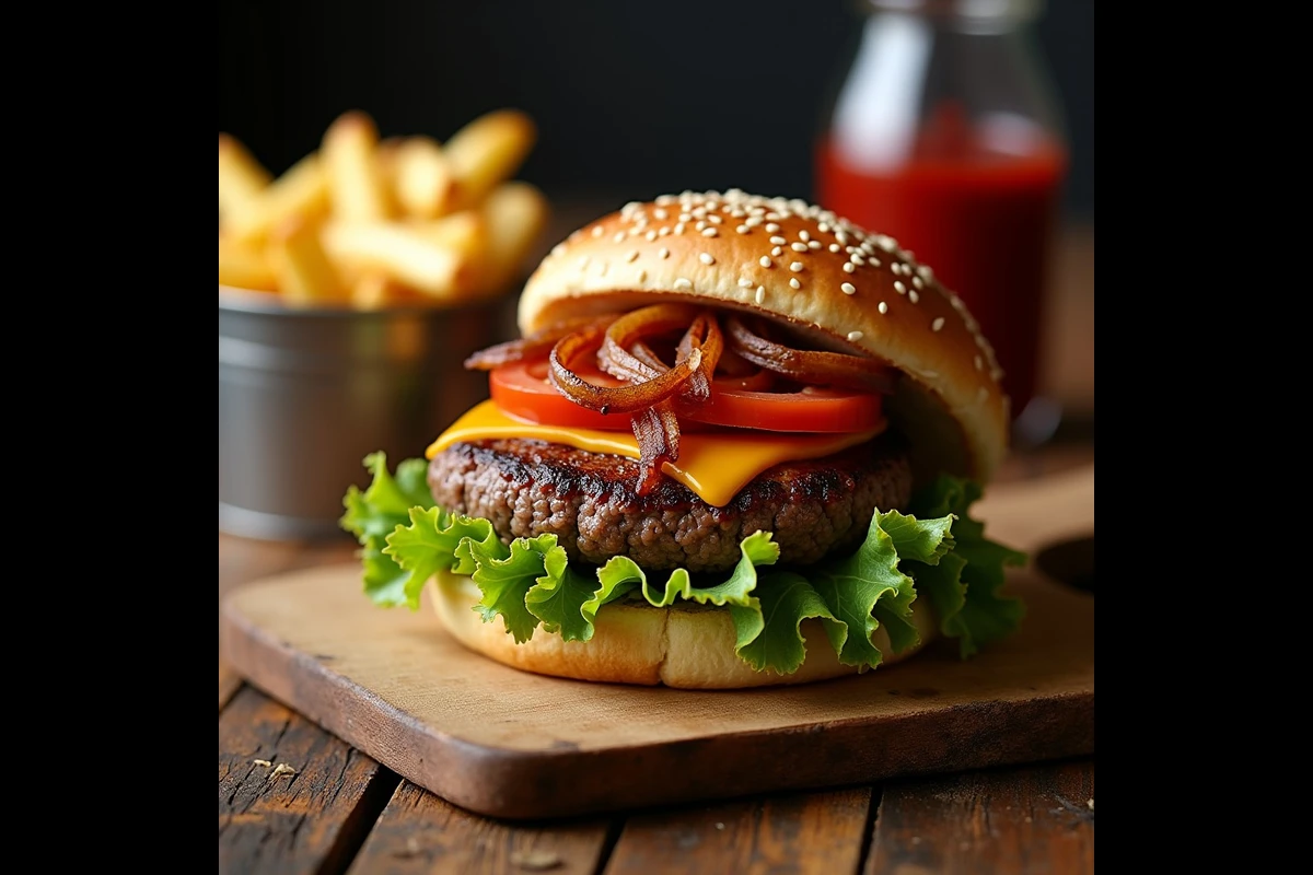 Perfectly grilled lean beef patties with toppings and sides