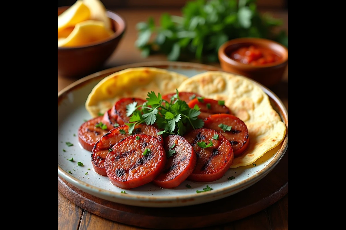 Plate of homemade beef chorizo with tortillas and salsa